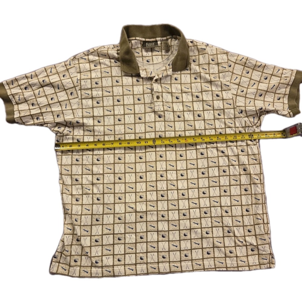 Vintage Farah‎ Polo Shirt Mens XL Beige Golf Clubs Balls Allover Print 90s Y2K